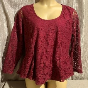 Simply Be Top Pepplum Blouse Lace Berry Burgundy Size 18 Pullover Stretch